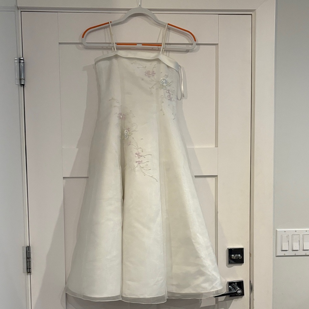 David's Bridal Ivory Floral-Embellished Girls Formal Dress